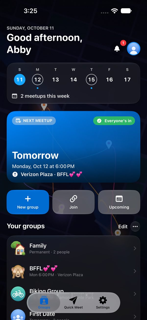 The Split Drive home screen: this week's meetups, the next plan, and your groups