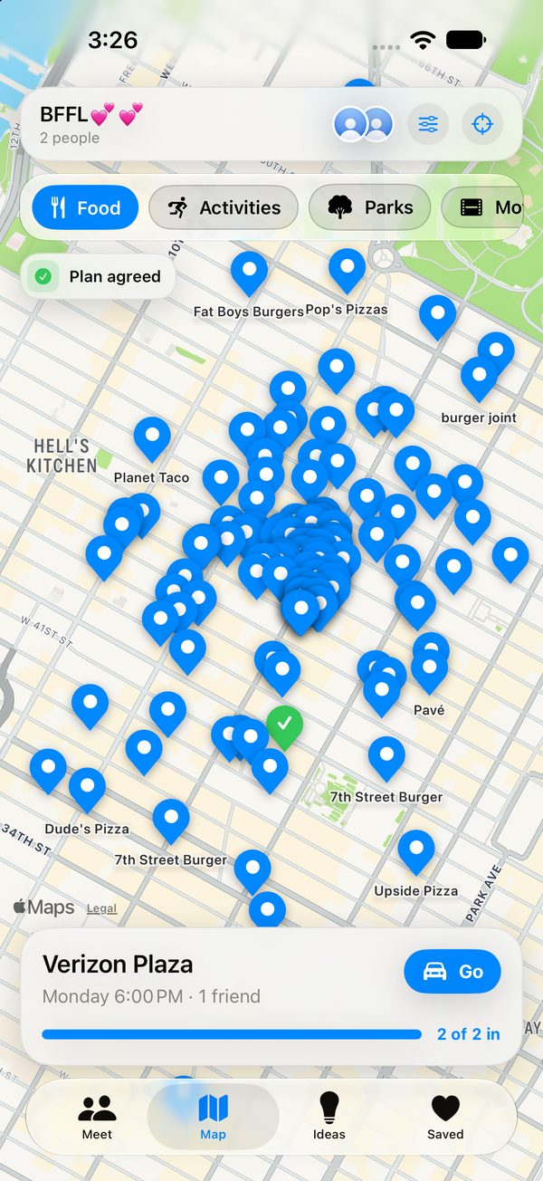 A map of fair places between two friends, with the agreed plan and a Go button