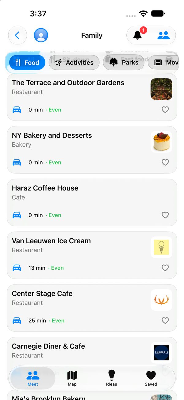 A list of restaurants with each one's drive time